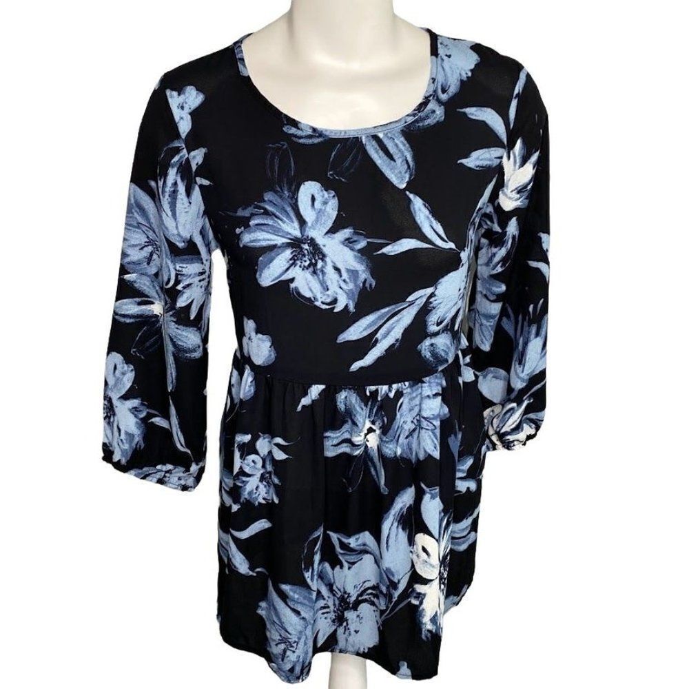 Mia‎ & Tess Blue Floral Chiffon BabyDoll Top Sz Small NEW